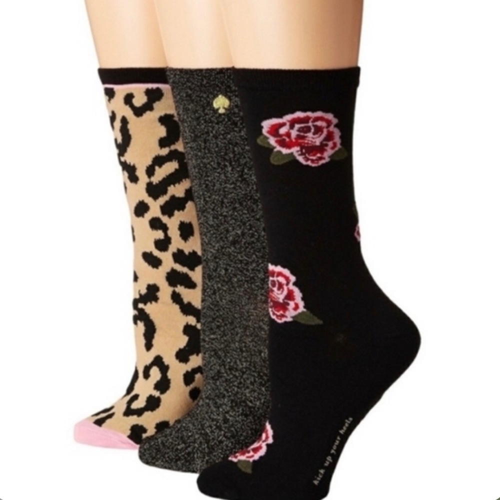 Kate Spade 3 Pairs Crew Socks Leopard Floral Black OS NWT